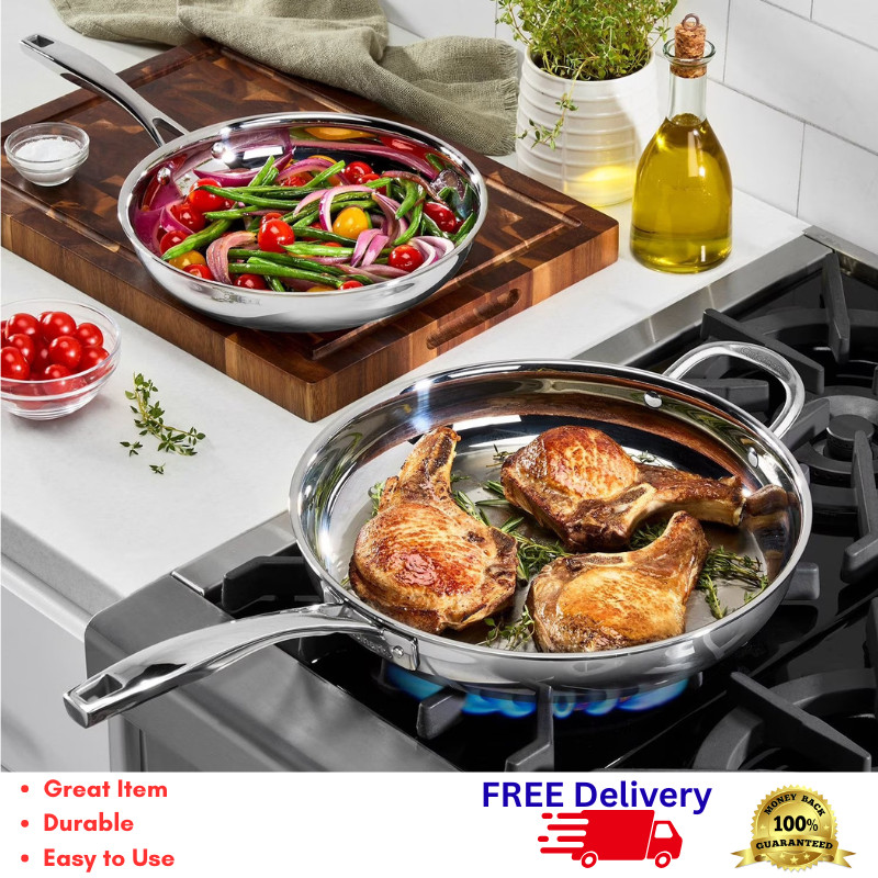 2 Pc Tri-Ply Stainless Steel Skillet Set 10″ & 12″ Fry Pans Induction Oven Safe