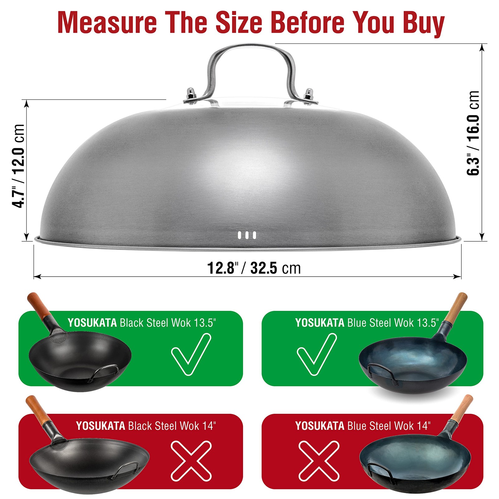 Wok Lid 12.8 In for 13.5-In Wok – Premium Stainless Steel Cover with Tempered…