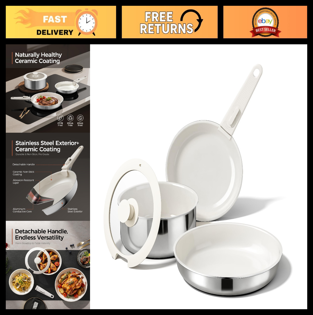 5pcs Nonstick Cookware Set – Diamond-Titanium Ceramic, Stainless Steel Pots & Pa