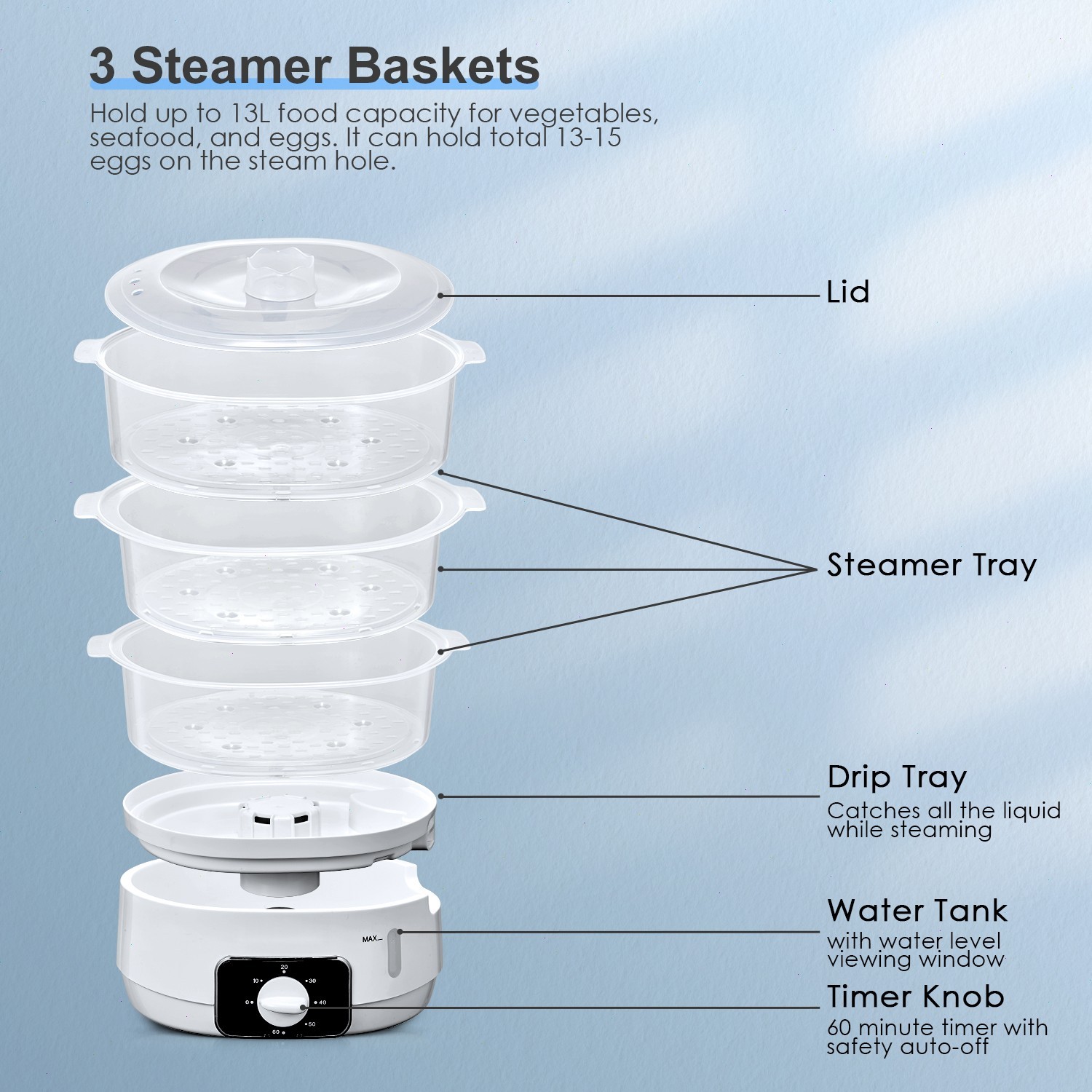 13.7QT Electric Food Steamer, 3-Tier, 800W, 60-Min Timer, BPA-Free Baskets