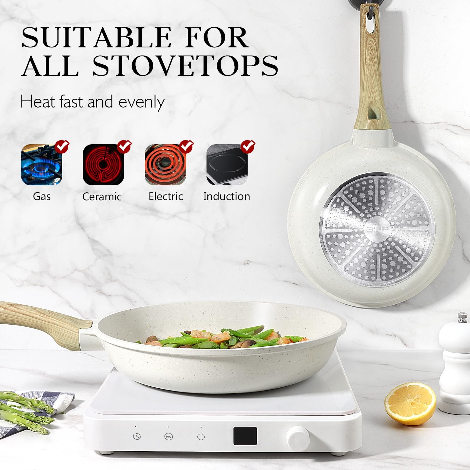9.5″ White Granite Nonstick Frying Pan Skillet with Lid Omelette Pan