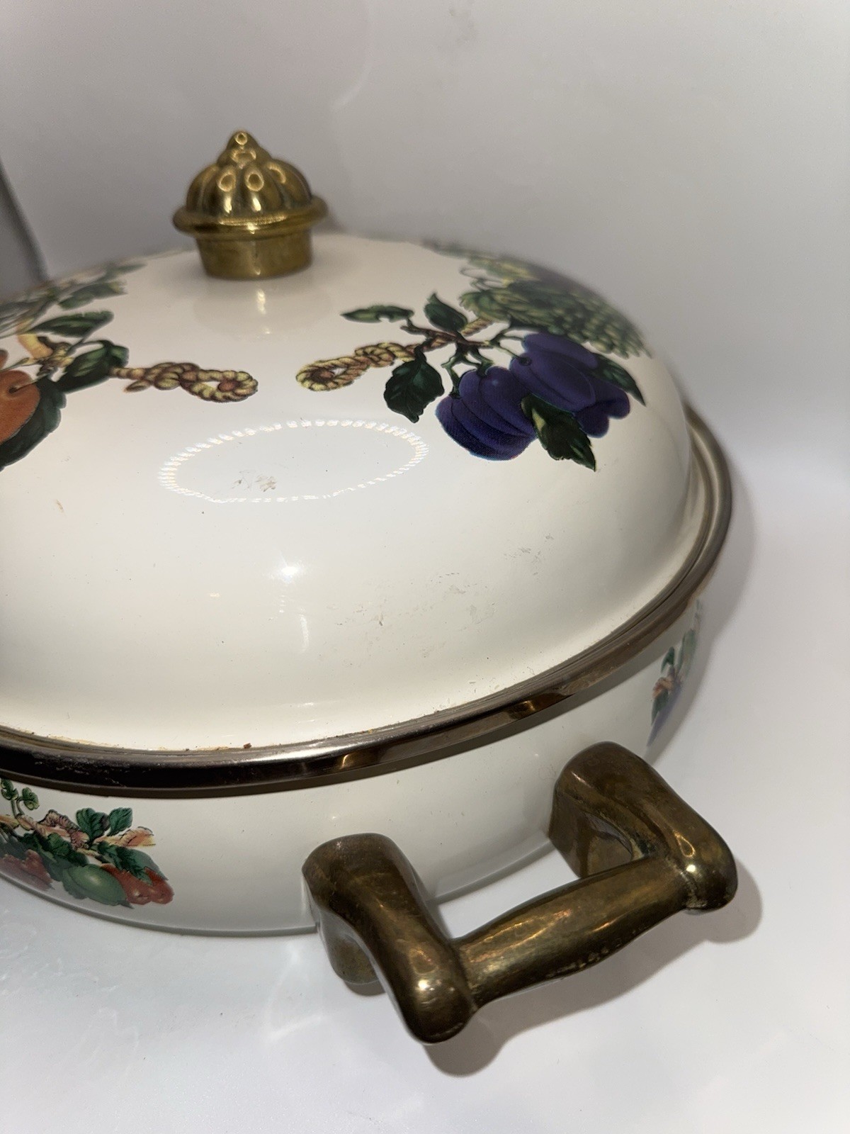 Vintage Fruit Motif Ceramic Casserole Dish Lid Brass Handles Oven Safe