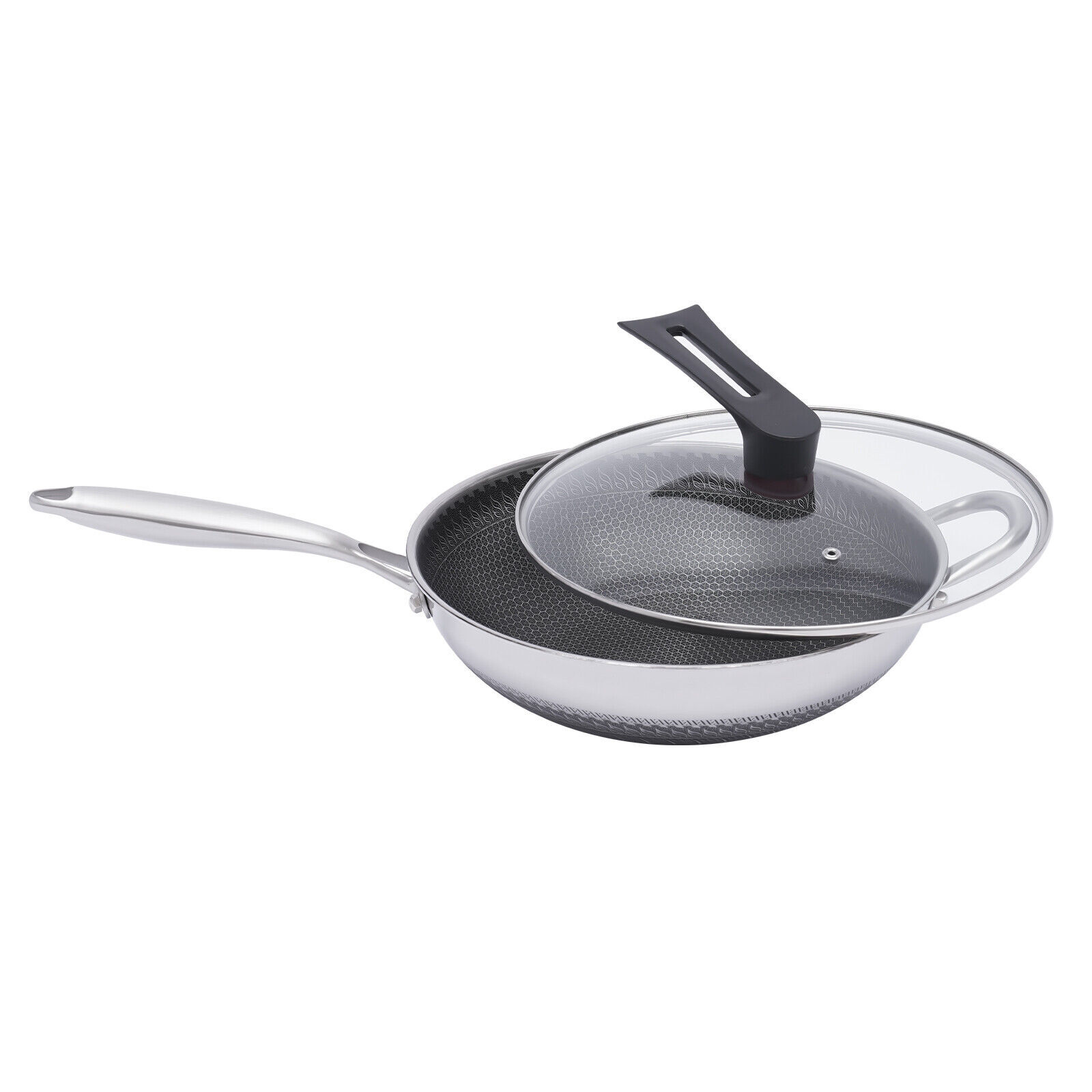 Non Stick Double Sided Honeycomb Cooking Frying Wok Pan with Lid Stainless Steel