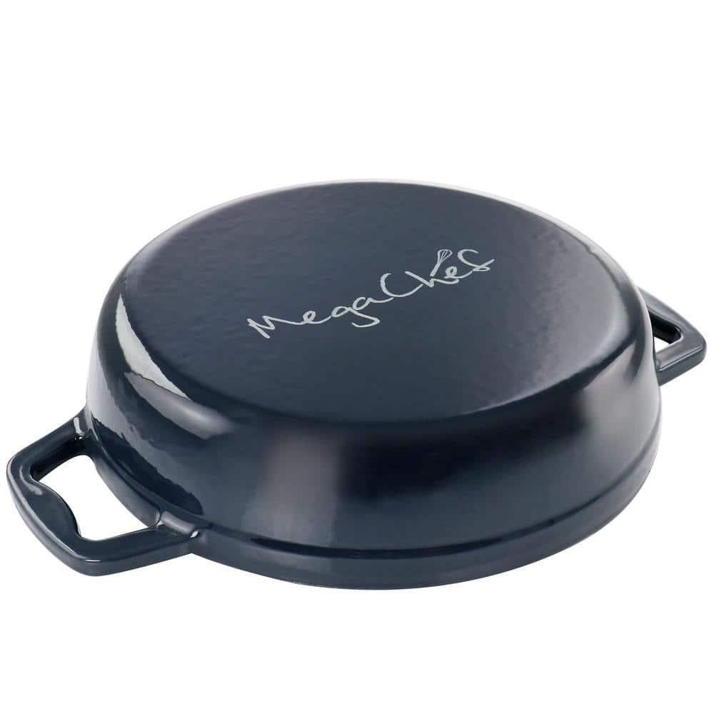 MegaChef Braiser Pan 2 qt Round Enameled Cast Iron Dark Blue Non-Stick Oven Safe