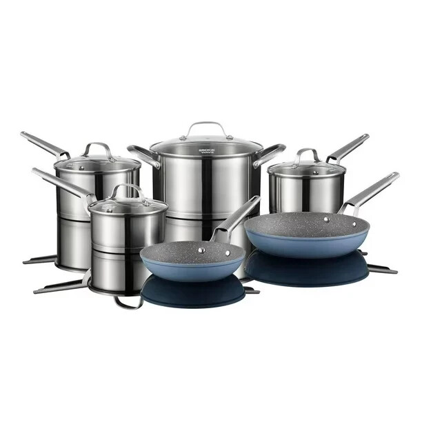 The Rock WAVE 10-Pc Stainless Steel Cookware Set with 2 Non-stick Fry Pans, Rock