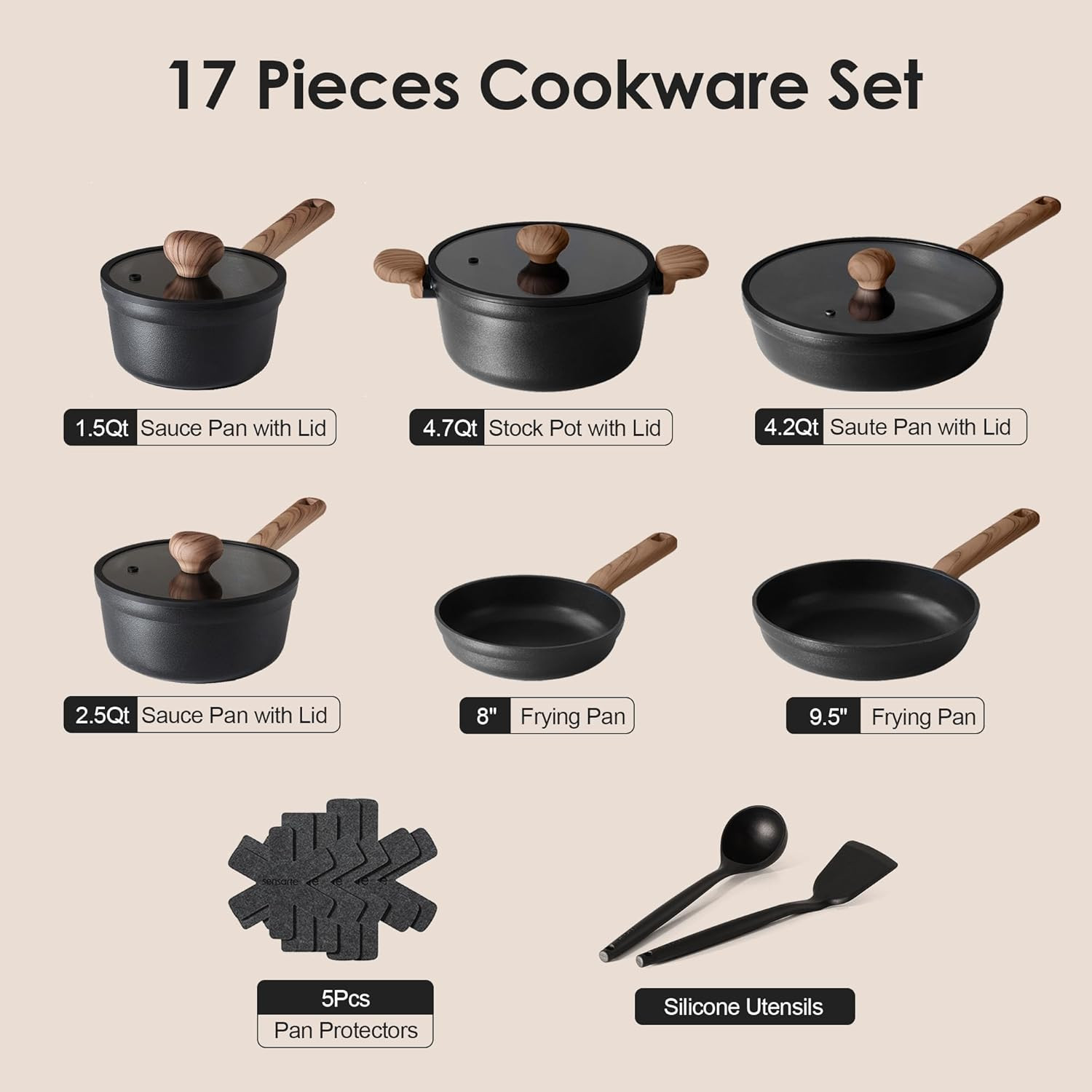 Nonstick Pots and Pans Set 17Pcs, Healthy Induction Cookware Set, Kitchen Cookin