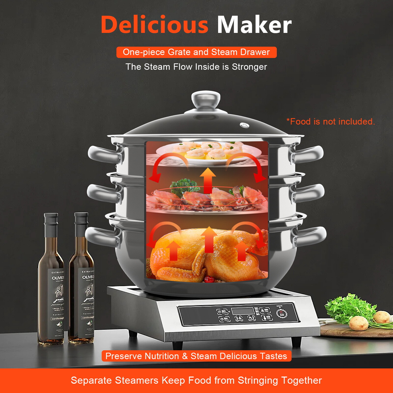 3 Tier Steamer Hot Pot Stainless Steel Cooker Steam Pot Food Cooking + Glass Lid