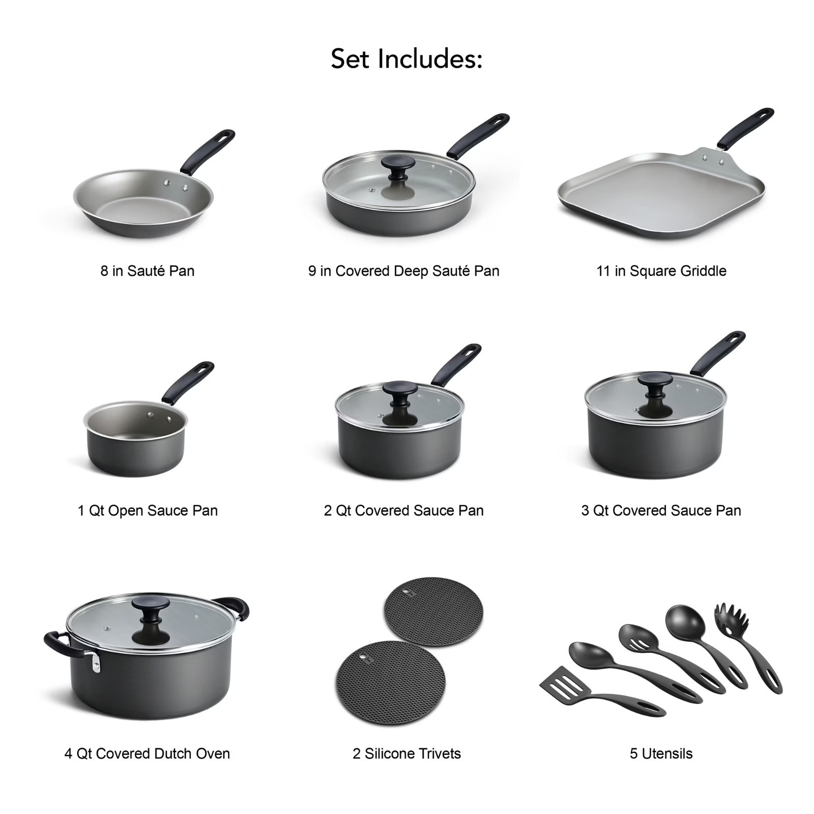Tramontina Primaware 18-Piece Nonstick Cookware Set, Asphalt