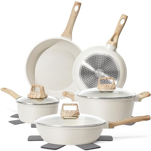 12 Pcs Pots and Pans Set Non Stick, Cookware Sets Granite 12 Pieces White