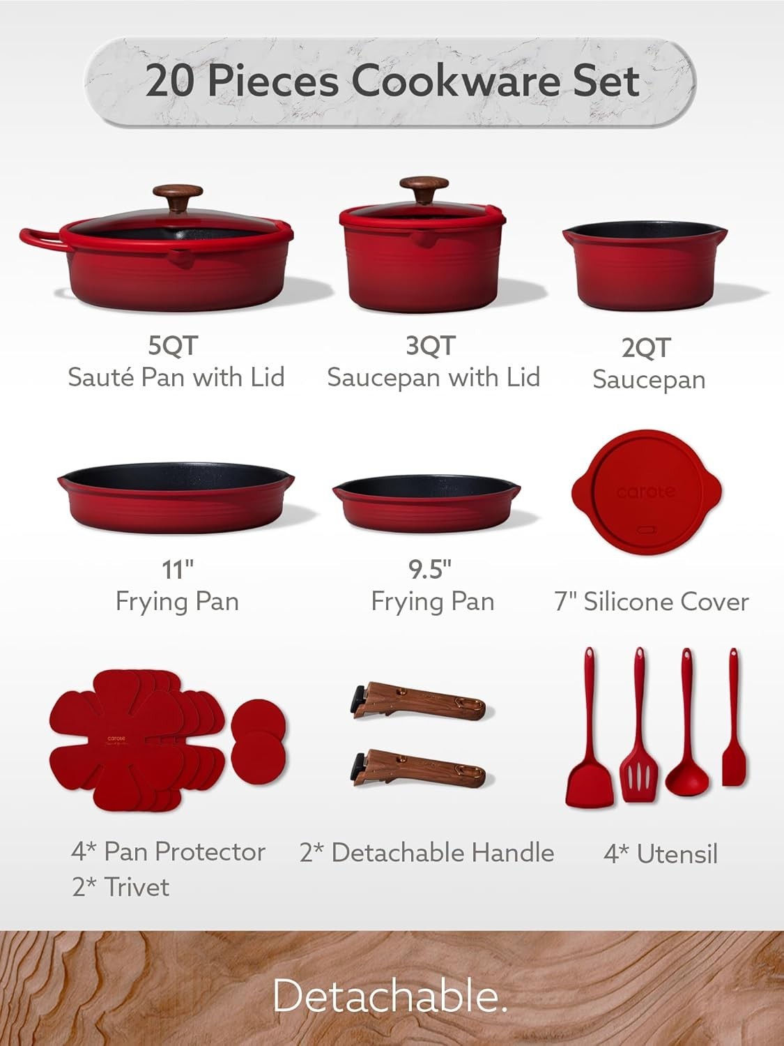 Versatile 20-Piece Non-Toxic Cookware with Detachable Handle for Easy Storage