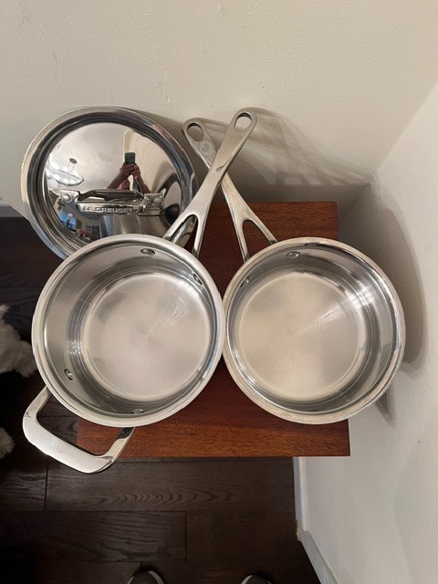 Le Creuset Stainless Steel Cookware 2 Handled Pots & 1 Lid 2 & 1.5 Qts. 3 Pieces
