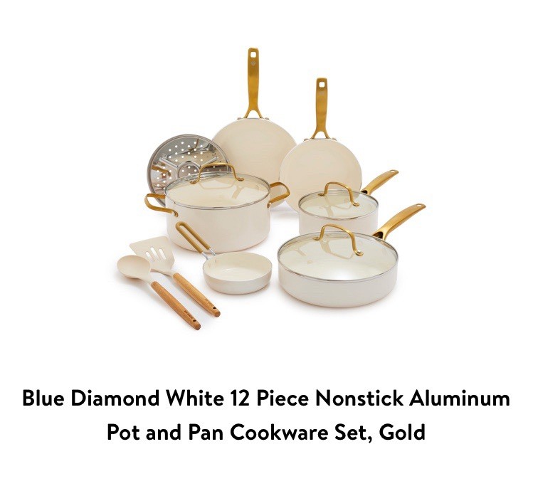 Blue Diamond White 12 Piece Nonstick Aluminum Pot and Pan Cookware Set, Gold