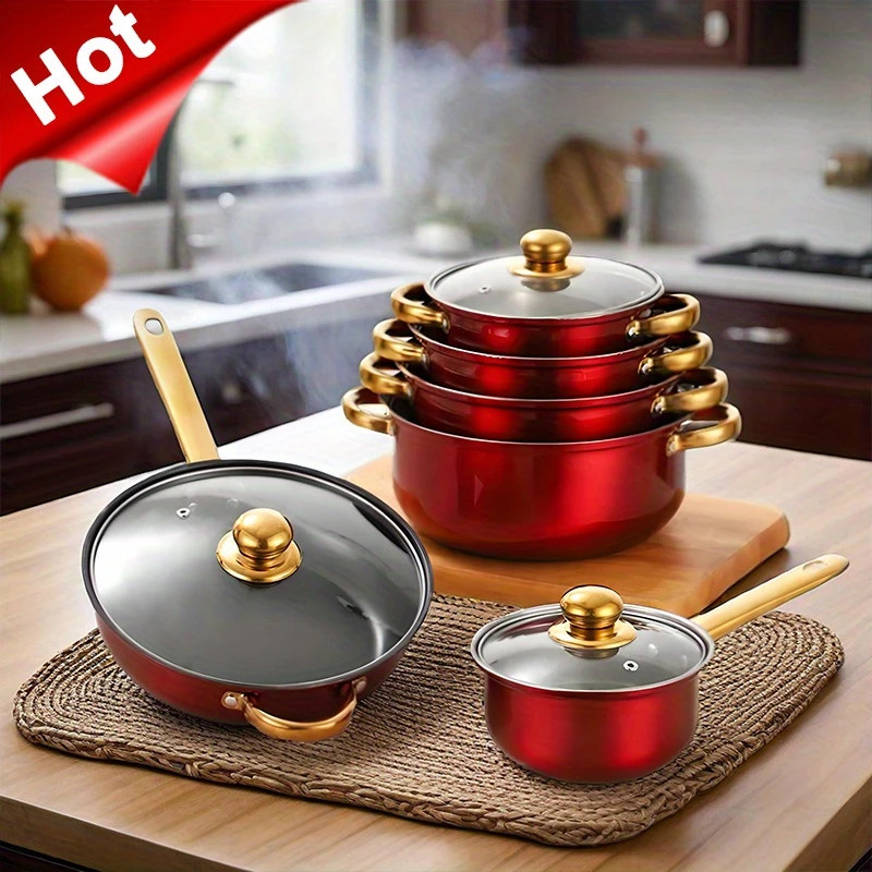 12 Piece Cookware Set Nonstick Pots and Pans Home Kitchen Cooking Non Stick, Red