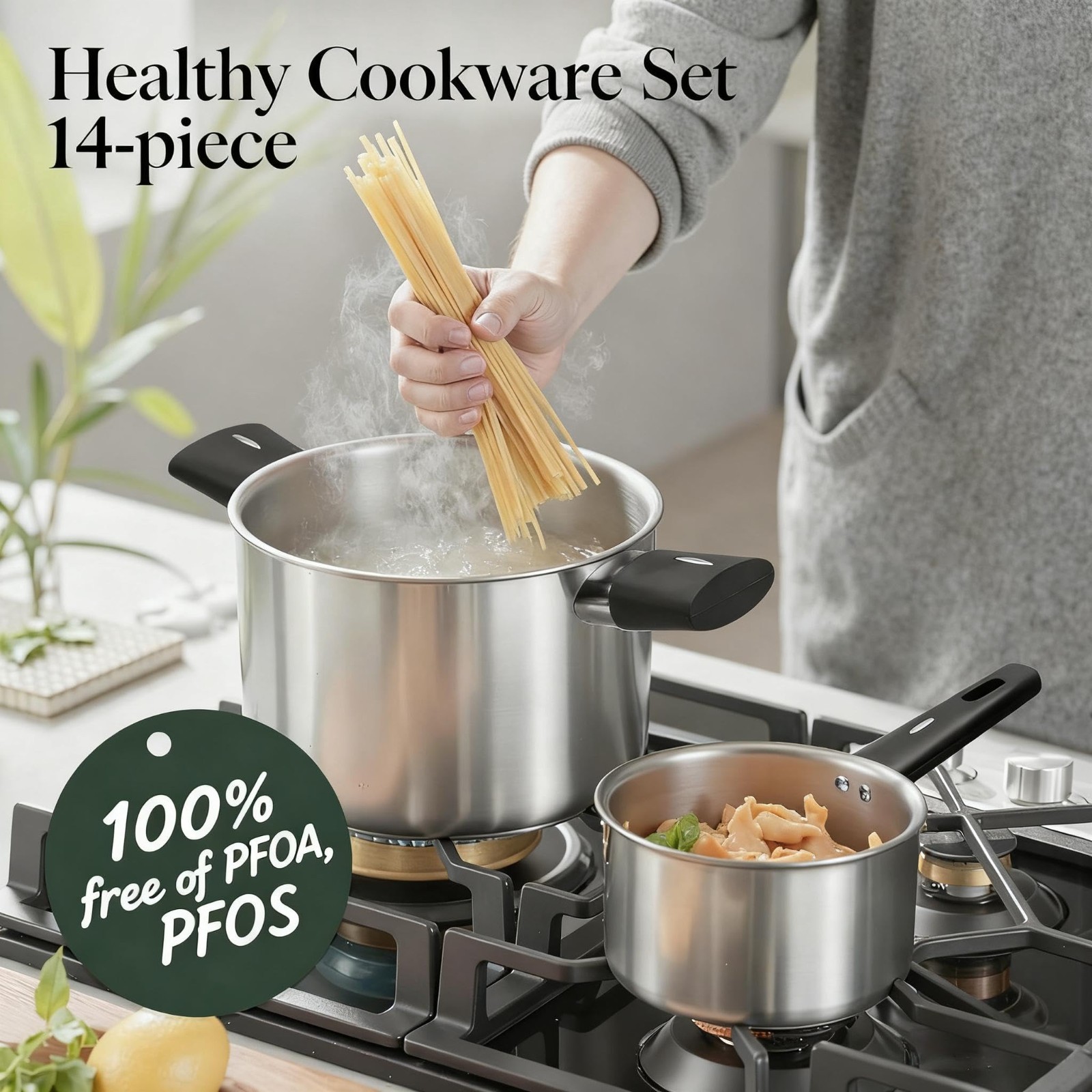 14-Piece Stainless Steel Cookware Set, Non-Toxic Pots & Pans, Dishwasher Safe, S