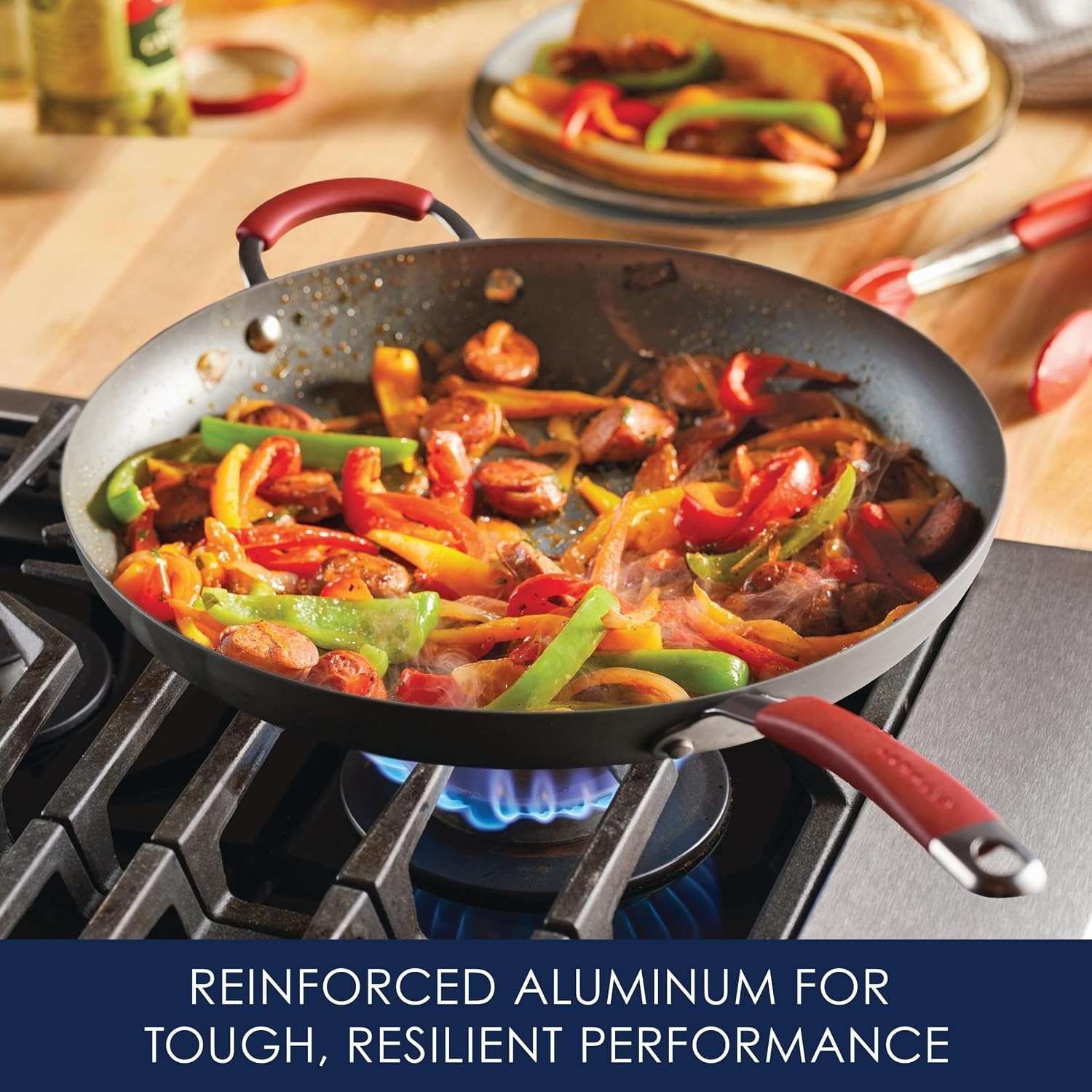 New Cucina 14″ Hard Anodized Nonstick Frying Pan Gray Red Handles
