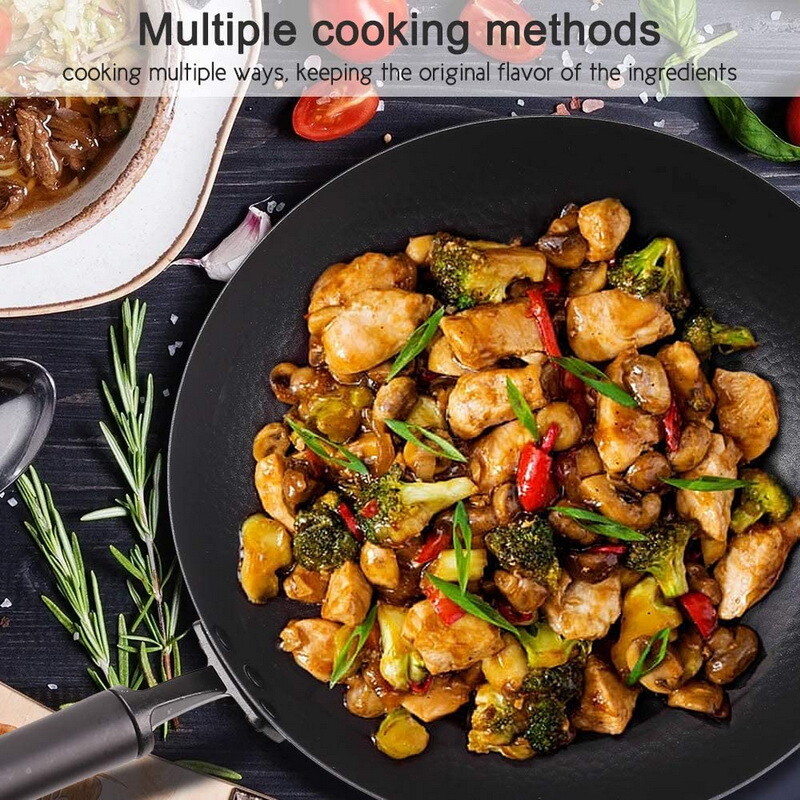 Iron Wok with Lid 13″ Pre-Seasoned Flat Bottom Stir Fry Pan KW01