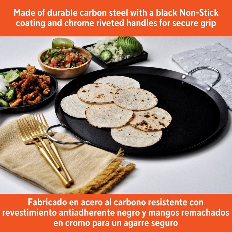 Nonstick Carbon Steel Round Comal W/ Metal Handles Cooking Tortillas Pancakes US