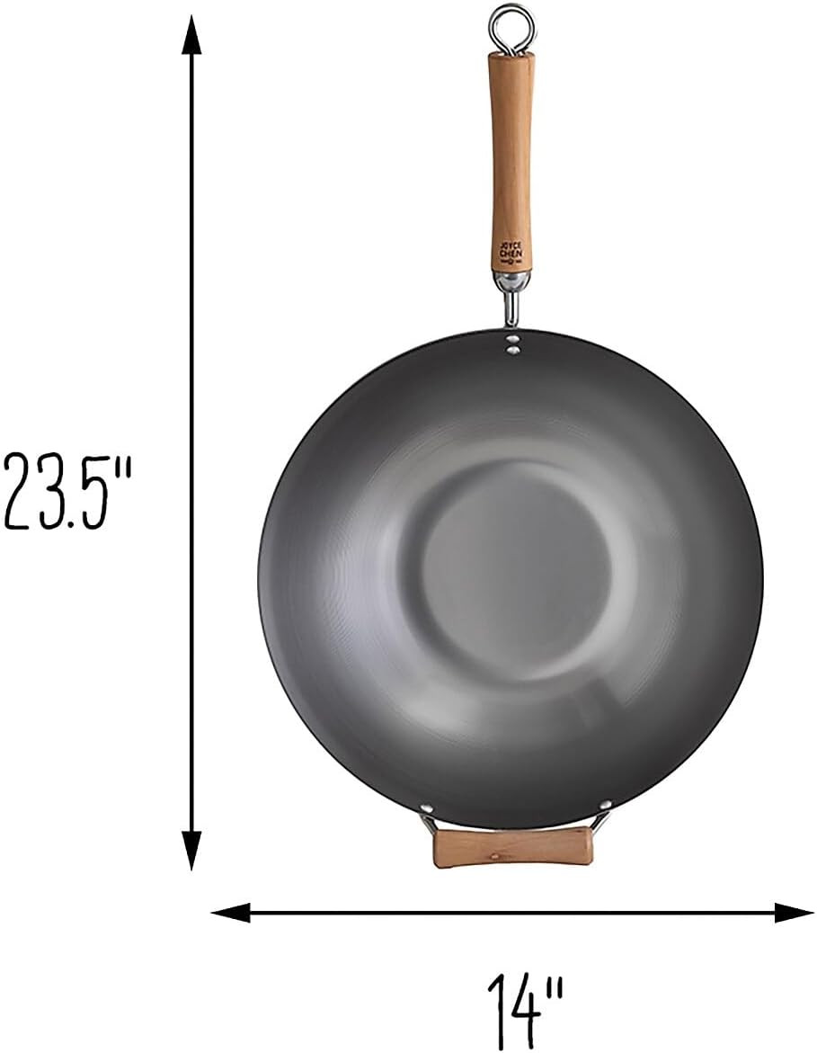 JOYCE CHEN Classic Series 14-Inch Uncoated Carbon Steel Wok Set with Lid and Bir