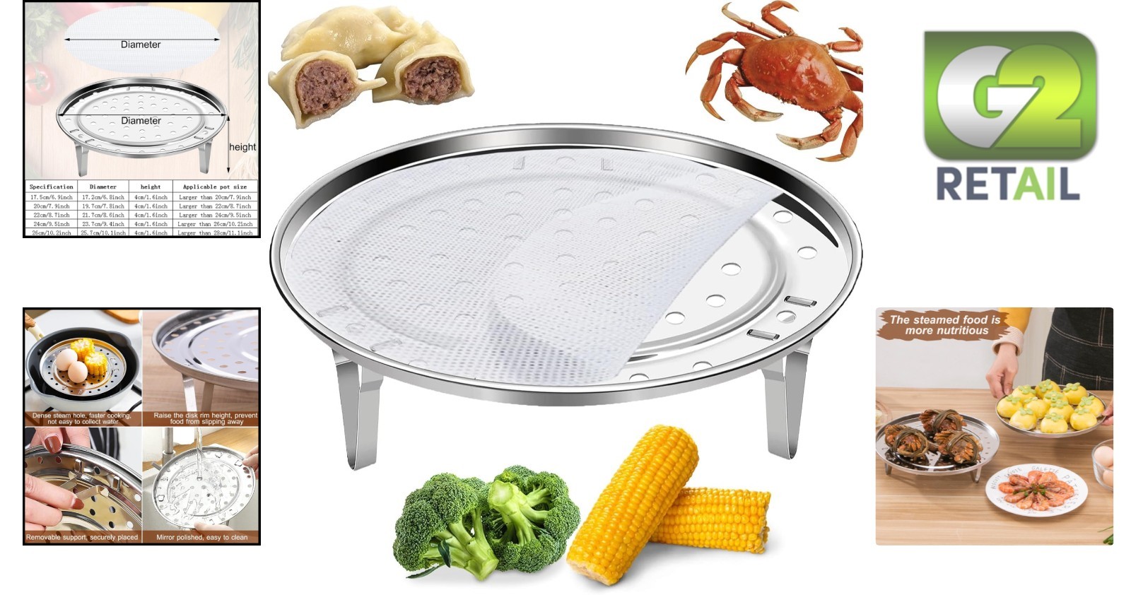 Elegant Round Stainless Steel Steamer Rack with Silicone Liners – 6.9inch