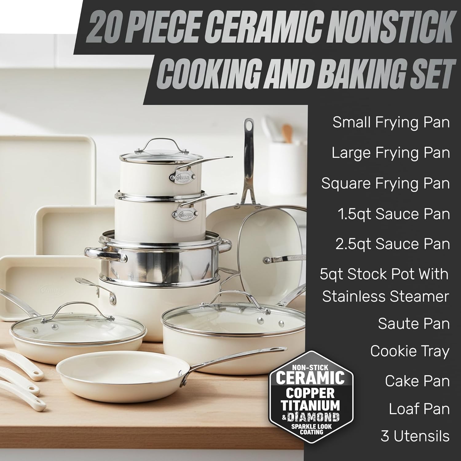 GOTHAM STEEL 20 Pc Ceramic Cookware Set Nonstick, Ceramic Pots and Pans Set Non