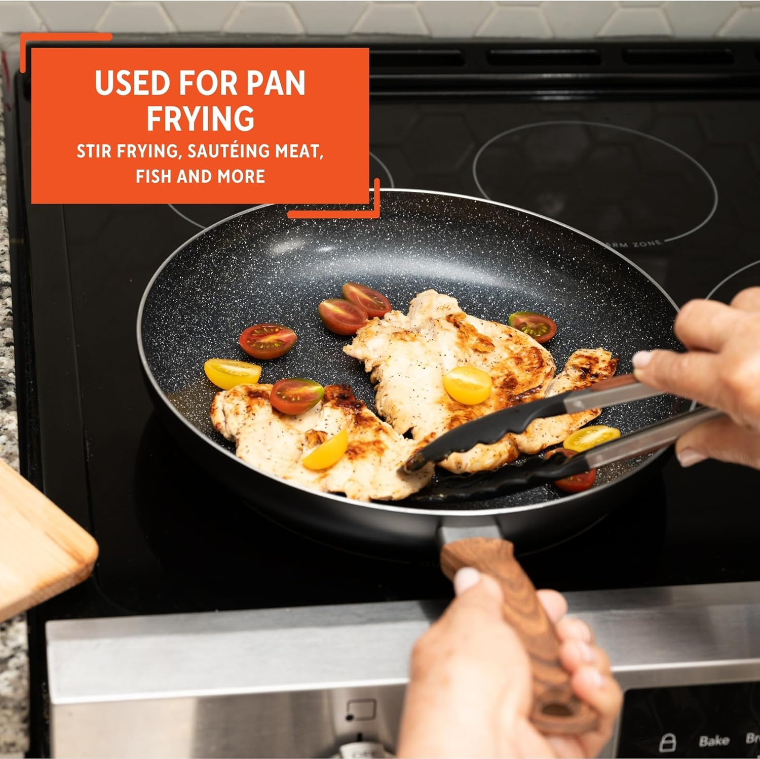 12-Inch Ceramic Nonstick Frying Pan – Black Speckled Aluminum Skillet with Wood-