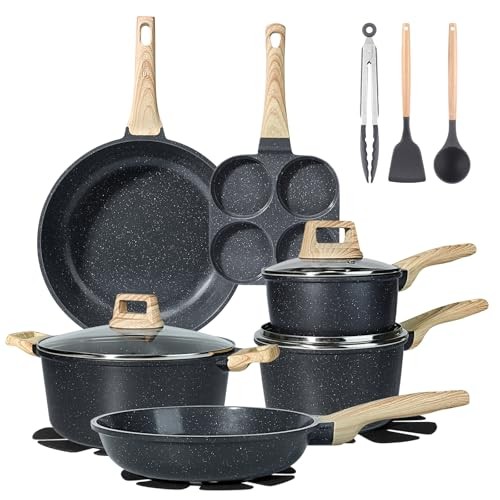 Ceramic Pots and Pans Set Non Stick – 17 Pcs Nonstick Cookware 17PCS Dark Gray