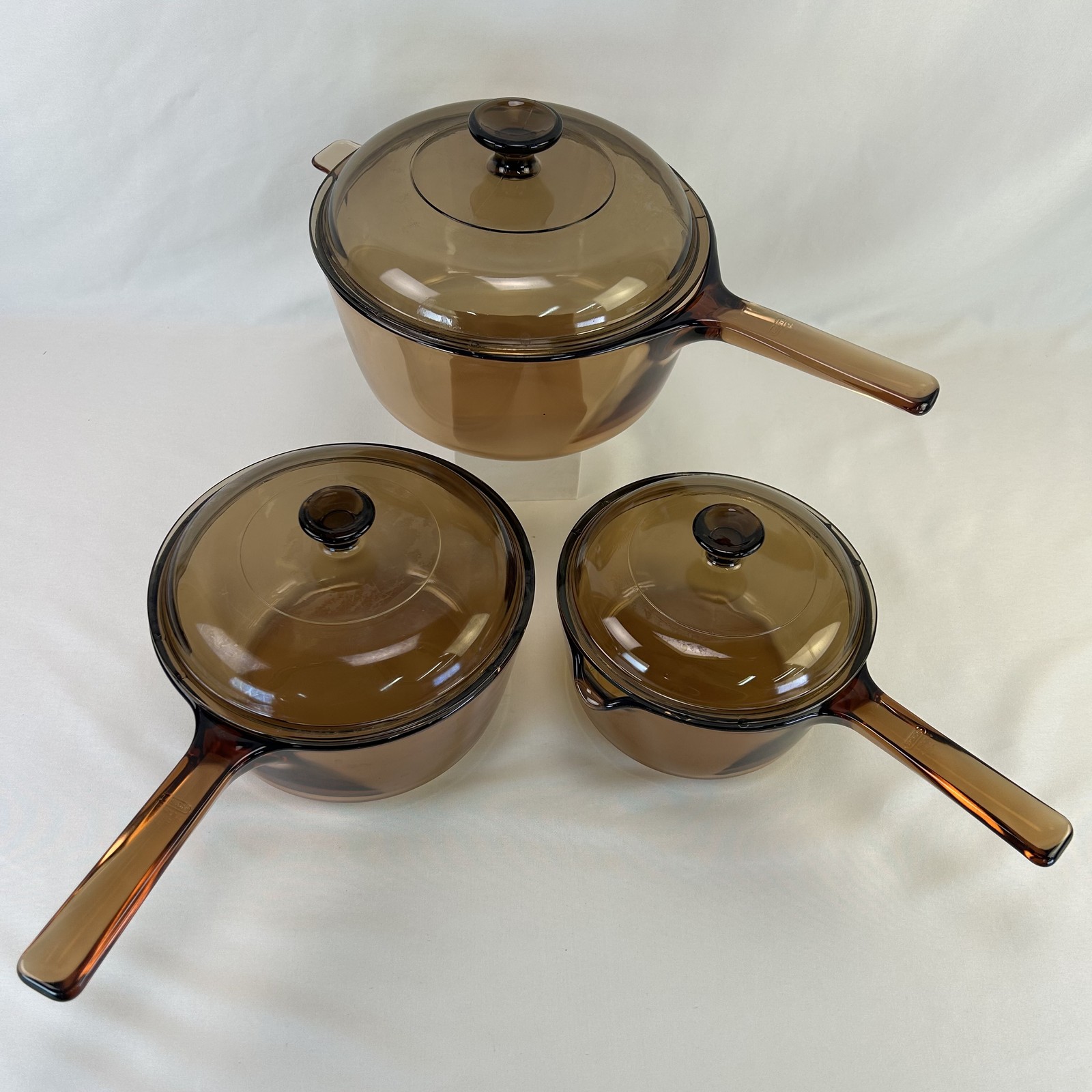 Vintage CorningWare Vision Amber Glass Saucepans Cookware Set 3 Pcs with Lids