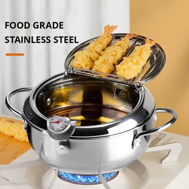 1pc Stainless Steel Oil Pan Household Thermometer With Cover Tempura Oil Fryer S