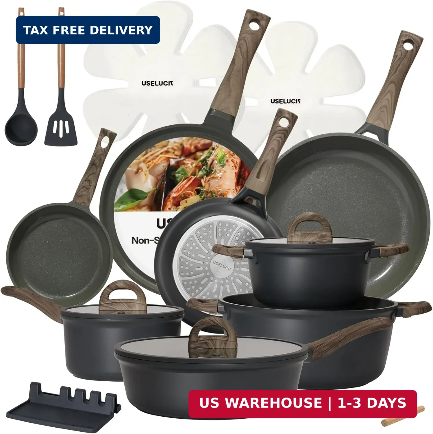 USELUCK Pots and Pans Set Non Stick Non-Toxic 22 Pcs Ceramic Cookware Sets Nonst