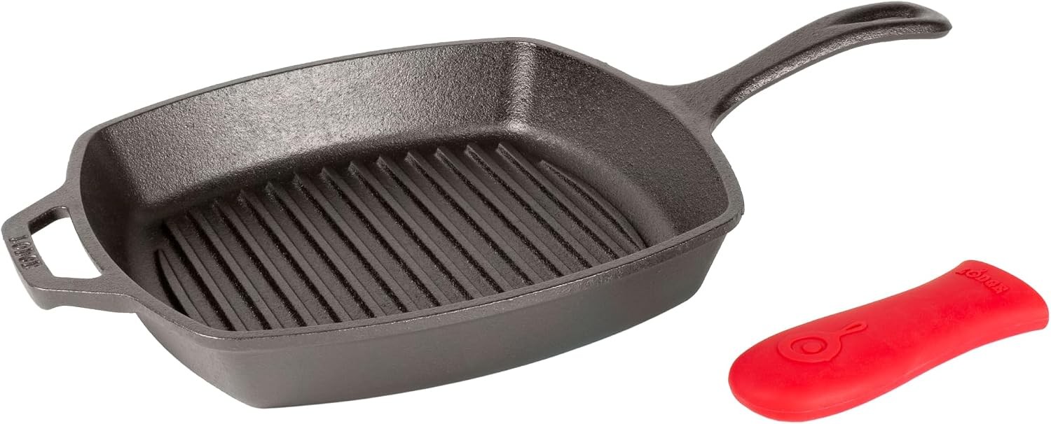 Square Cast Iron Grill Pan 10.5 Inches Pre-Seasoned Square Skillet Ridged Burger