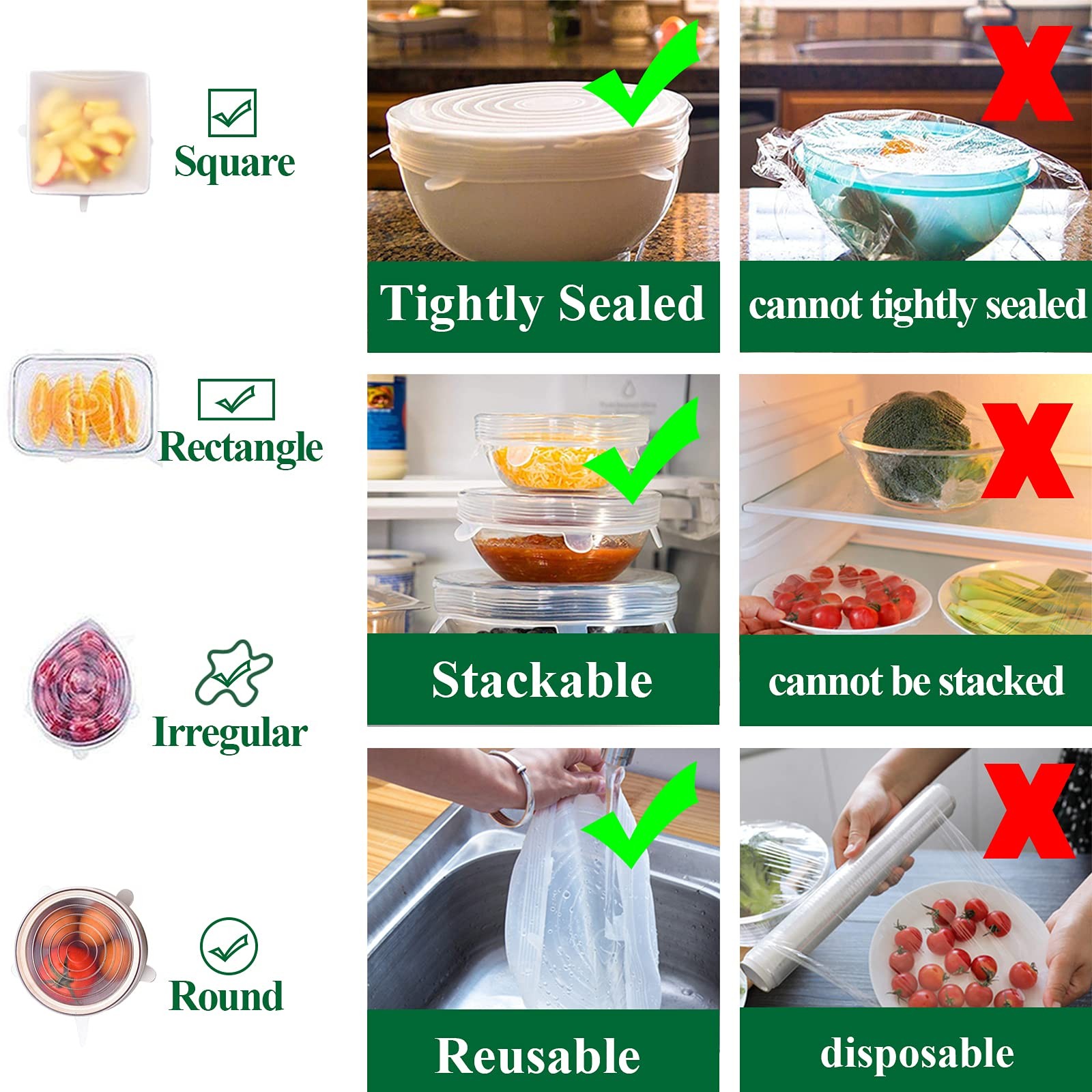 12 Pack Reusable Elastic Silicone Stretch Lids Microwave Food Covers Bowl Lids