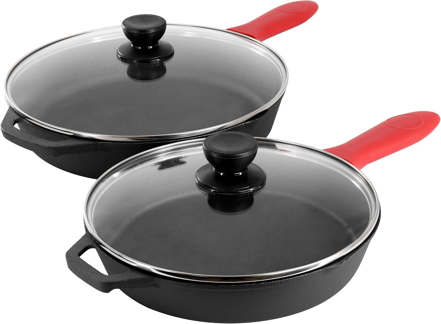MegaChef 13 Piece Pre-Seasoned Cast Iron Skillet Set Tempered Glass Lids Silicon