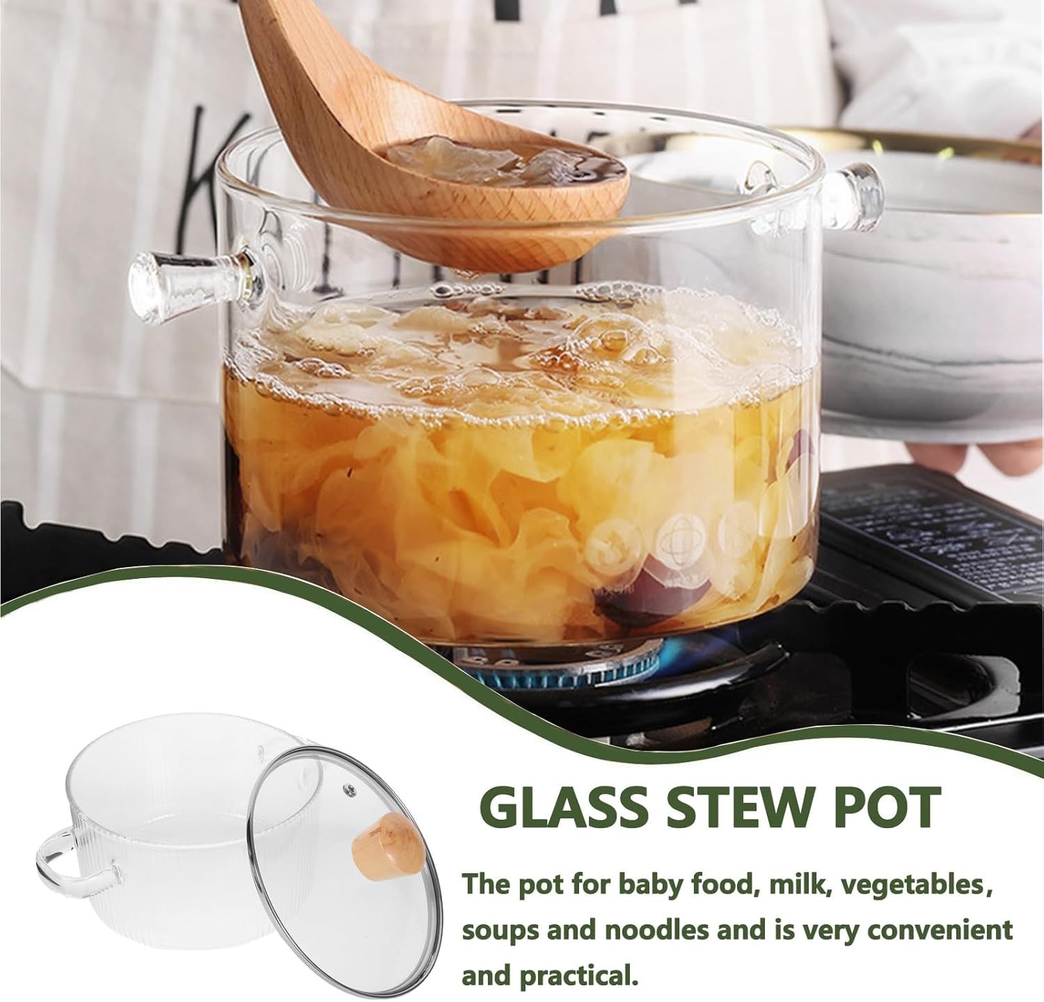 1.9L/64OZ Glass Cooking Pots Heat-Resistant Borosilicate Glass Saucepan W/ Cover