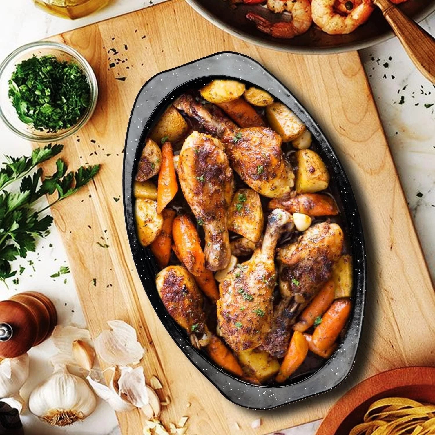 Elegant 13” Oval Enameled Roaster Pan with Domed Lid – Perfect for Small Meals