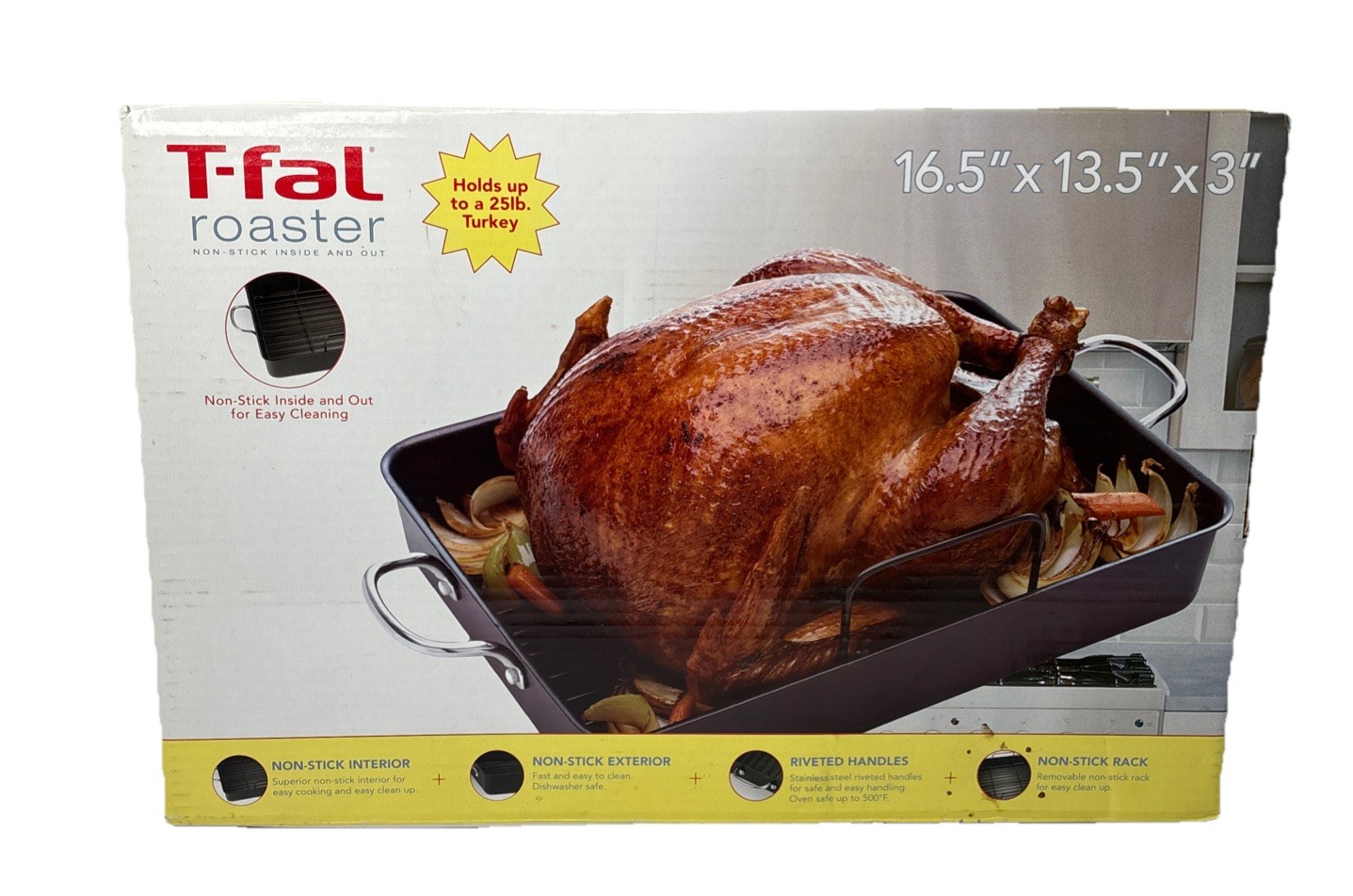 T-fal Roaster Nonstick Inside & Out 16.5″x13.5″x3″ Turkey Roaster w/Rack New