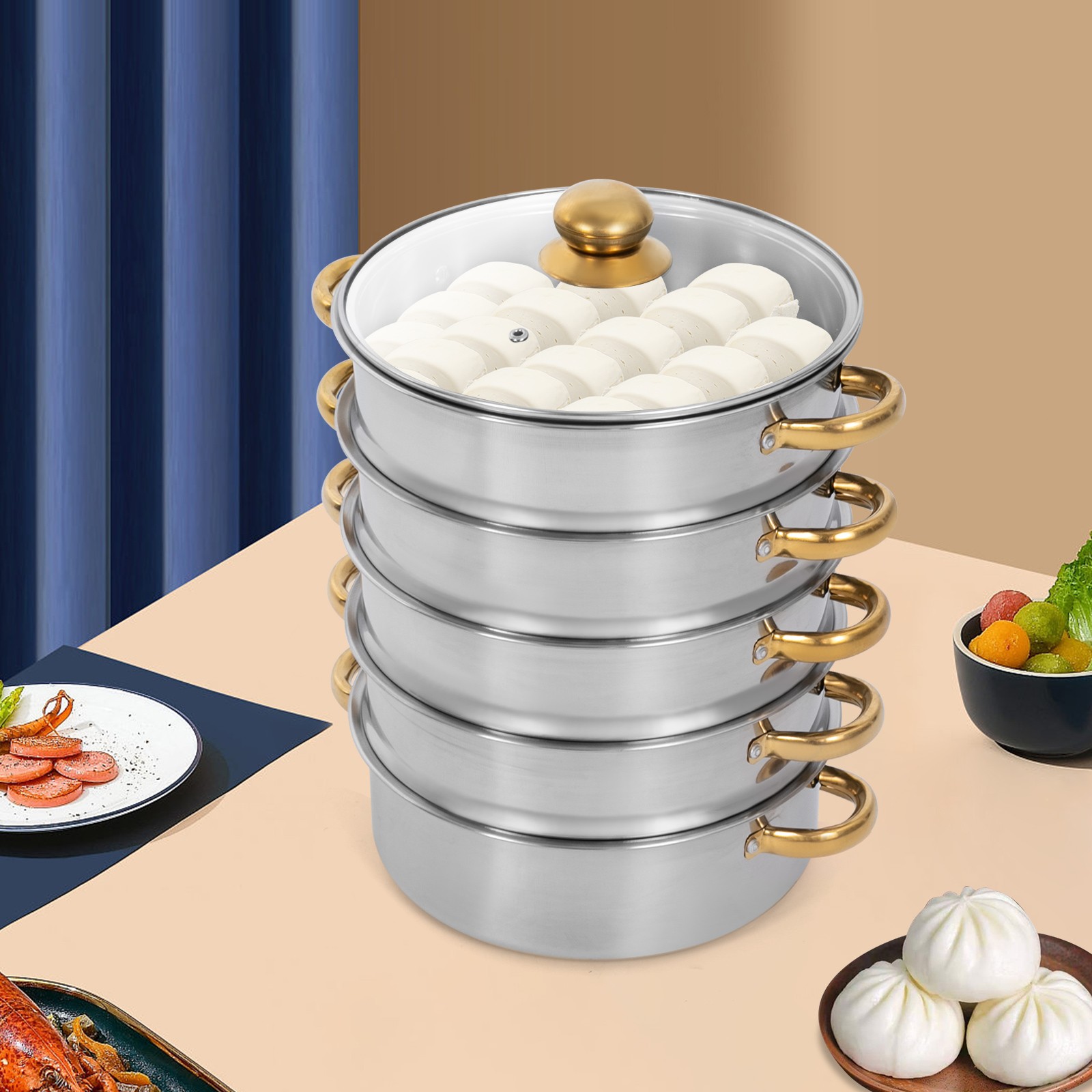7.4QT Stainless Steel Steam Pot w/ 5 Tier Steamer Basket & Glass Lid for Cooking