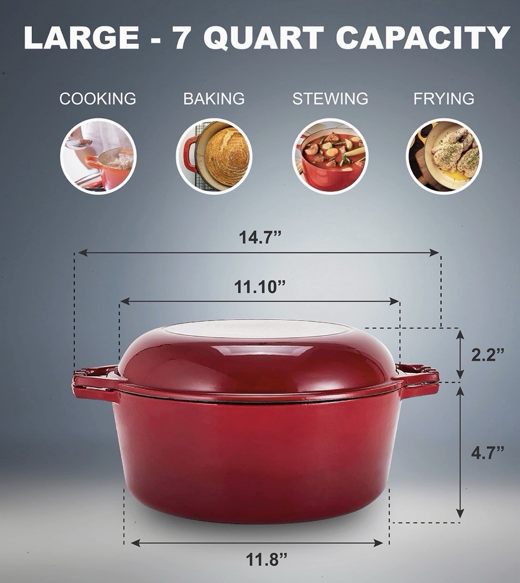 [FREE SHIP] NEW Bruntmor 7QT Dutch Oven 2-in-1 Skillet – Enameled Cast Iron RED
