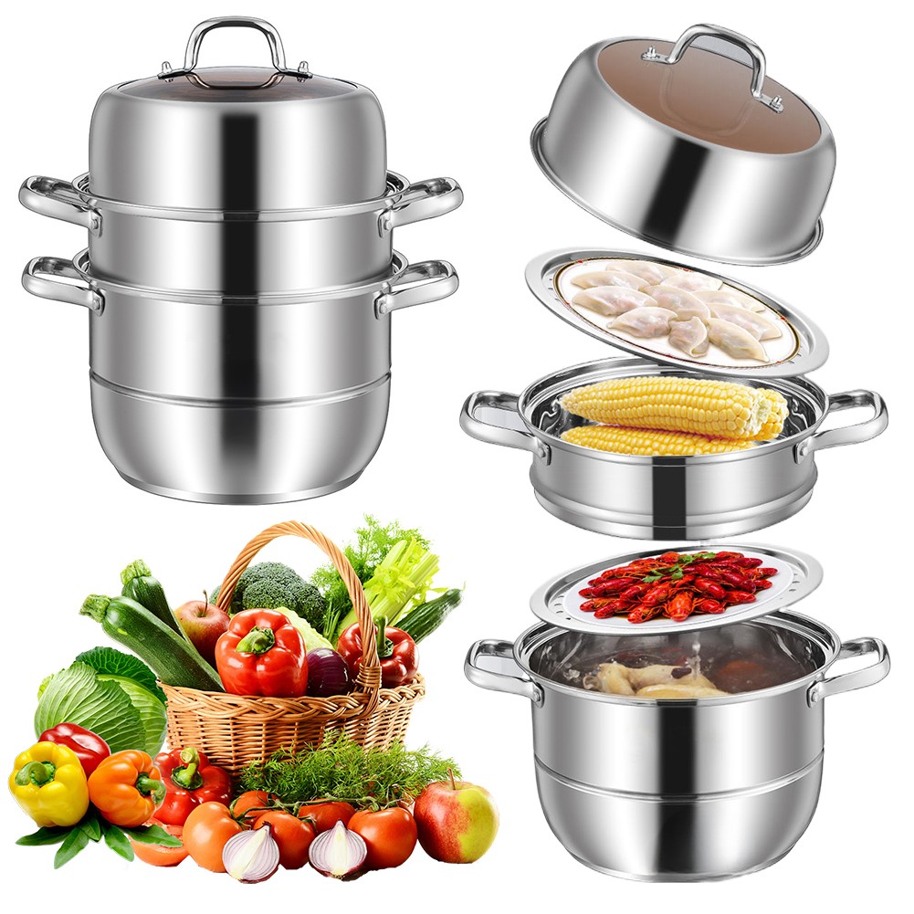 3 Tier Stainless Steel Steamer Cooker Steam Pot Kitchen Food Cooking + Glass Lid