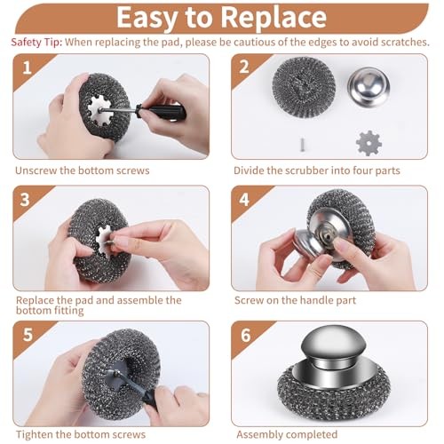 5Pcs Steel Wool Scrubber with Replacement Wire Sponge Pads Set, 1 Handle+4 Pads