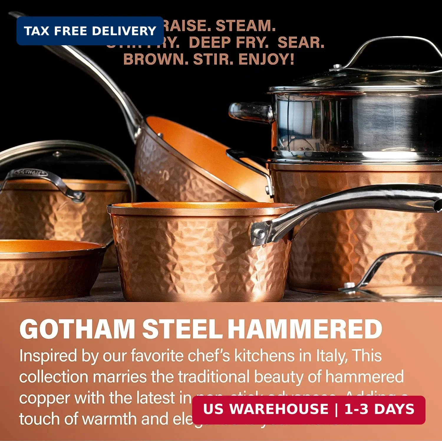 Gotham Steel 10″ Hammered Nonstick Fry Pan w/Lid, Ceramic, Induction Safe