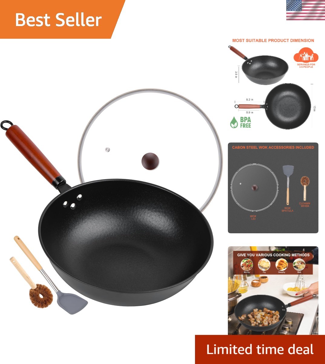 Versatile 13″ Nonstick Wok Set – Chef-Quality Carbon Steel for Healthy Cooking