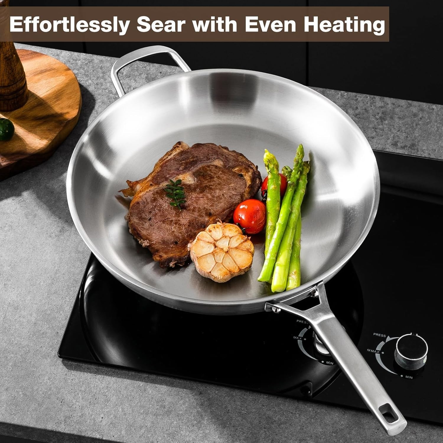 NEW 14in Stainless Steel Frying Pan Heavy Duty Oven Dishwasher Safe 650°