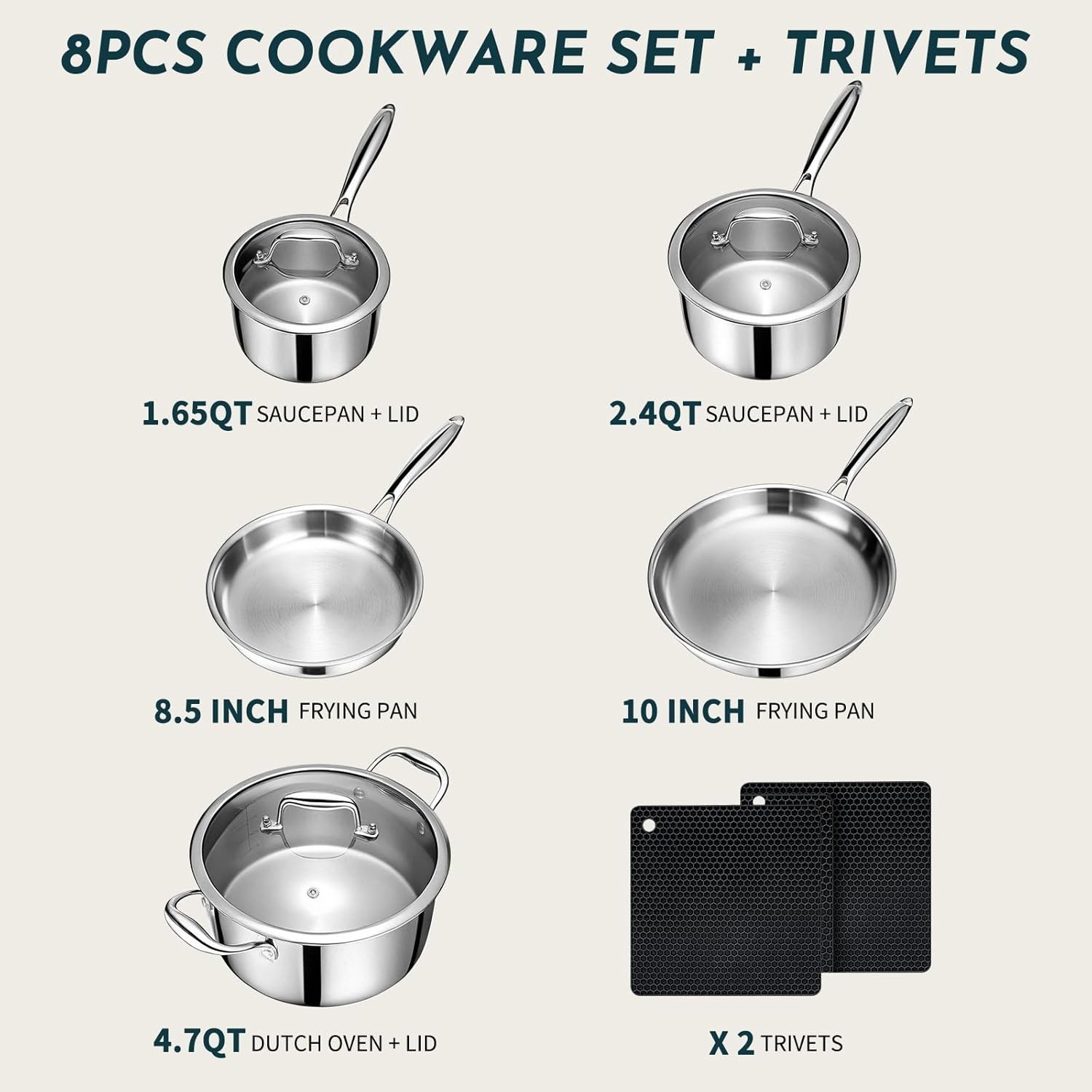 3 Ply Stainless Steel Cookware Set, 10-Pieces Pots and Pans Set, Induction Ki…