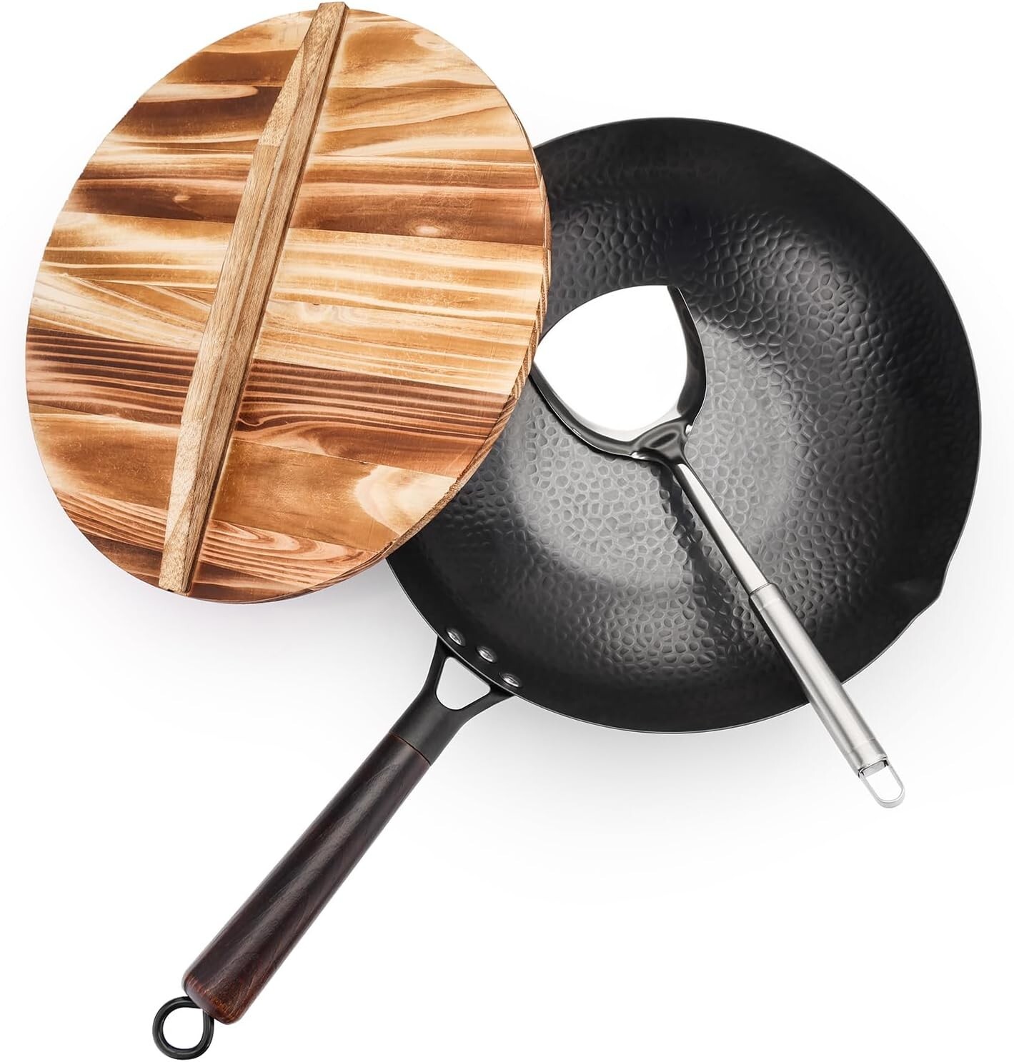 Kordisen Carbon Steel Wok Pan with Lid, 12.6inch Coated Chinese Wok