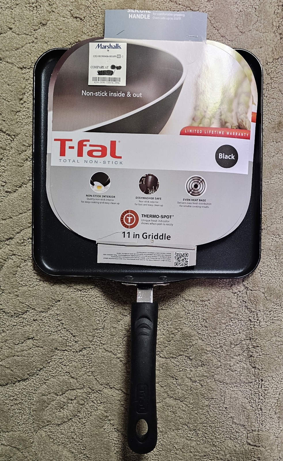 T-FAL Square Griddle Black 11″ Non-Stick (Inside & Out) Easy Care / Long Handle
