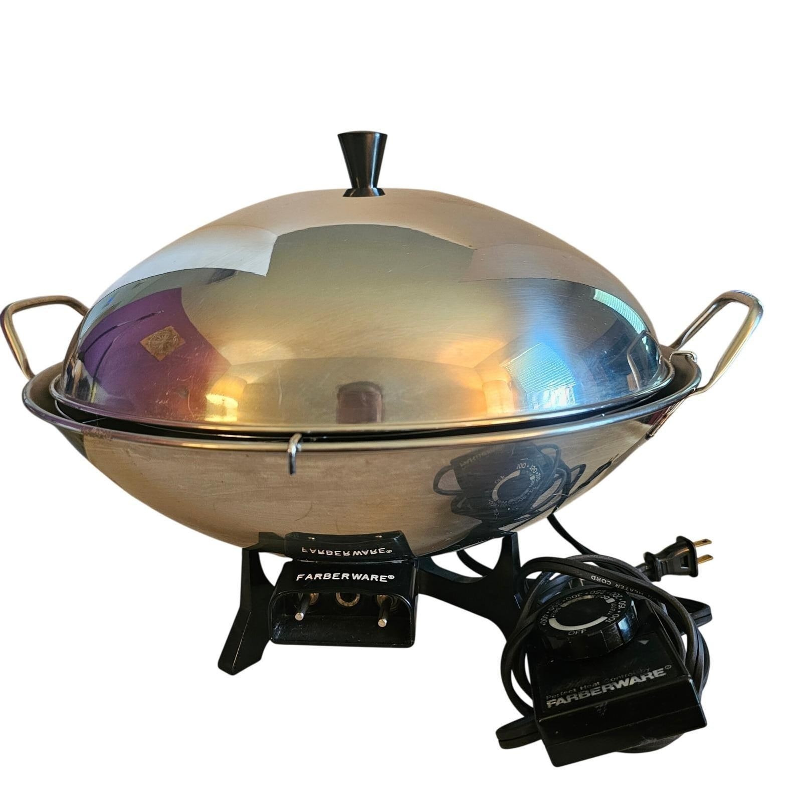 70s MCM Farberware Model 303 Electric Wok Stainless Steel 1000W USA Lid Working