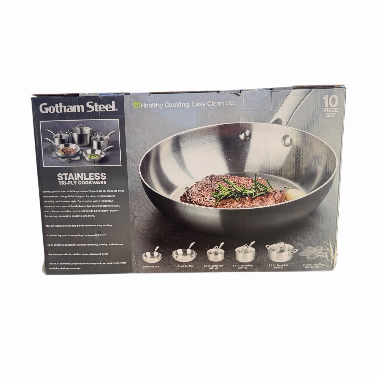 Gotham Steel 10 Pc Tri-Ply Stainless Steel Cookware Set Induction
