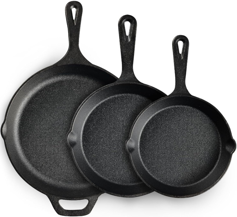 Juego Sartenes Hierro Fundido 6″ 8″ 10″ Precuradas para Horno Parrilla BBQ Cocin