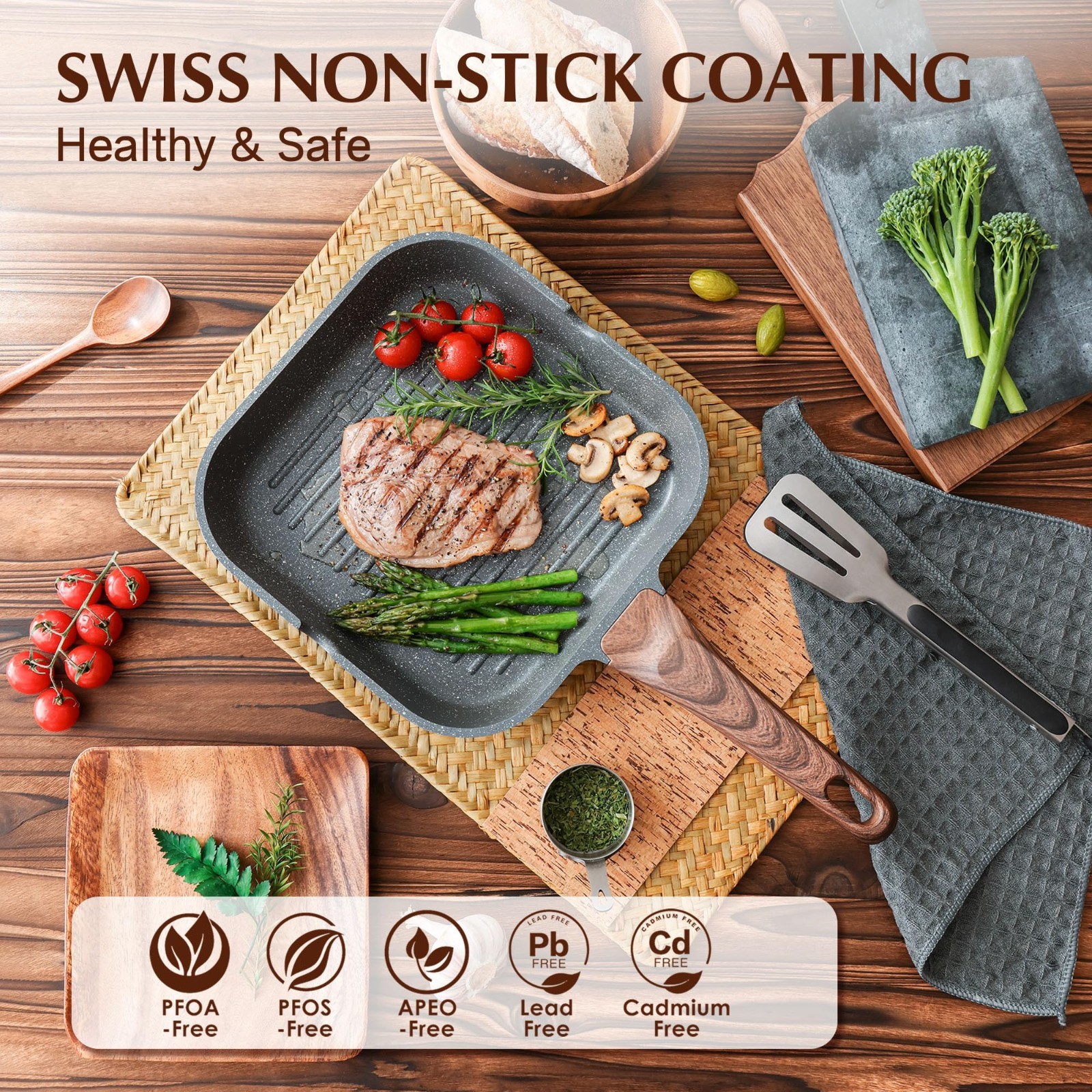 Nonstick Grill Pan 12″ for Stove Tops, Versatile Square Griddle with Pour Spouts