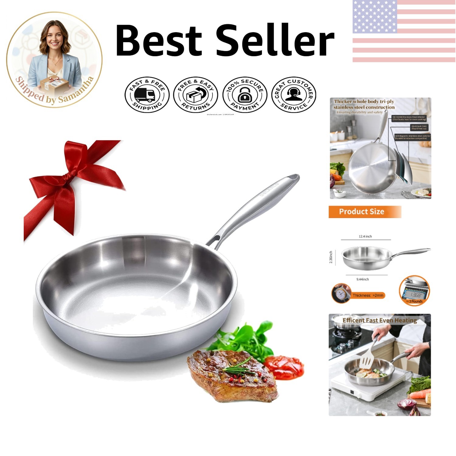 Versatile 12.5-inch Tri-Ply Stainless Steel Frying Pan – Oven Safe to 600°F